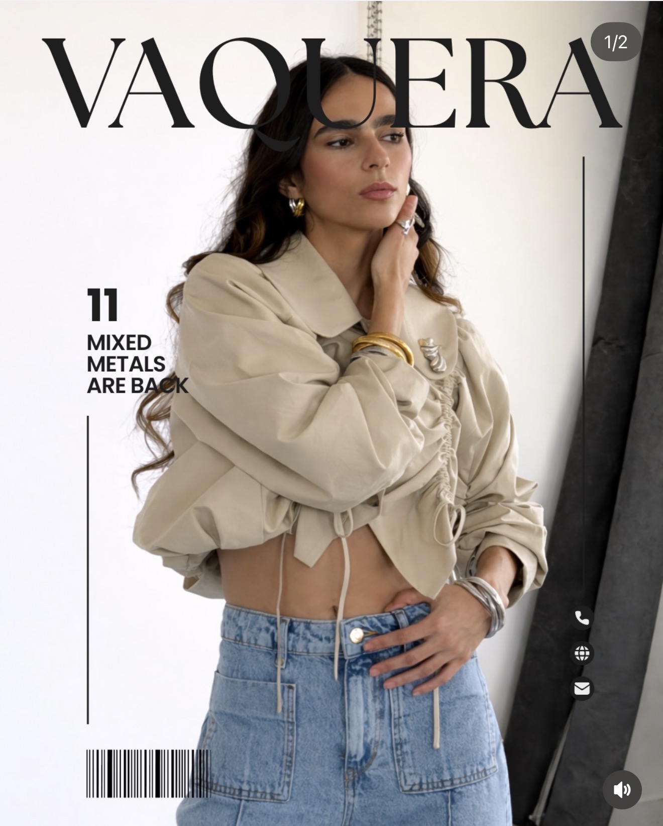 Editorial magazine cover look with a cropped trench and denim
