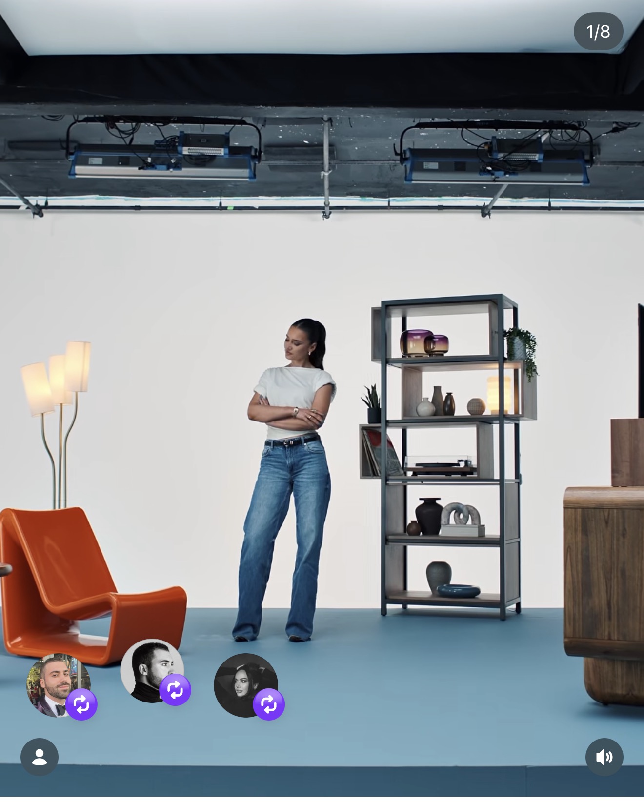 On set of a TV commercial in a white tee and wide-leg jeans